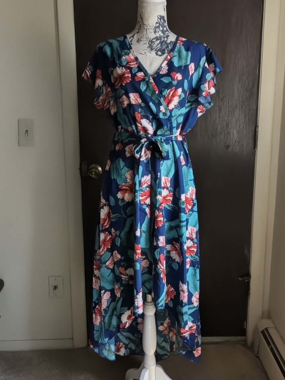 Floral V-Neck Hi-Low Dress in Navy with Pink Blooms